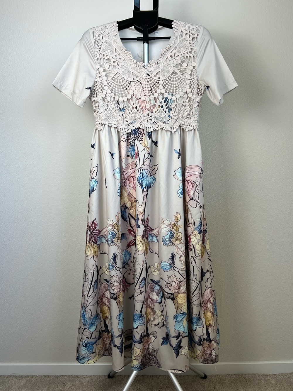 Boho Floral Lace Midi Dress Large Whimsical Beige Cottagecore Prairie Flowy